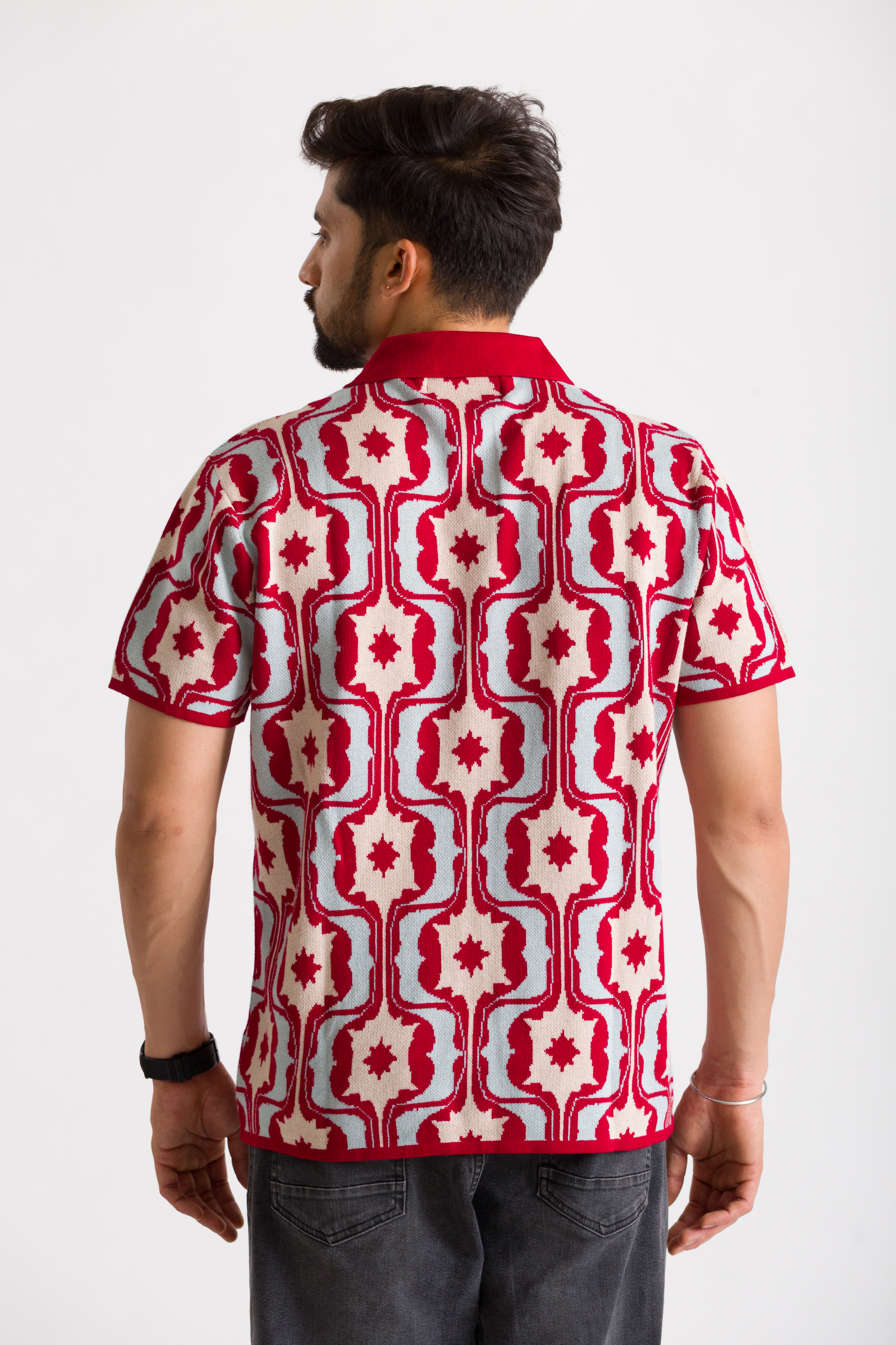 Knitted Red Jacquard polo T-shirt